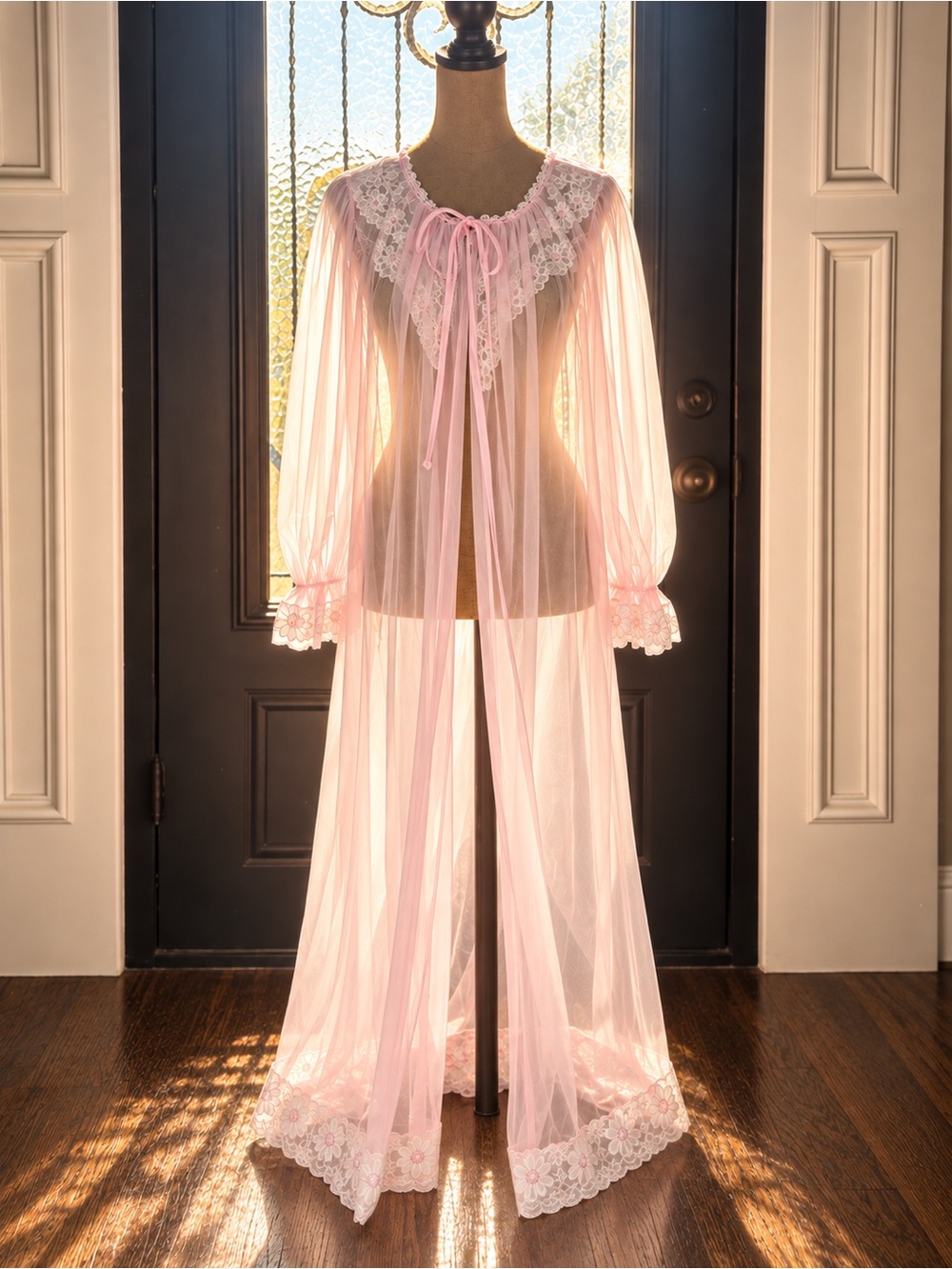 Vintage Pink Sheer Peignoir Robe Lace Trim Union Made 60s 70s Miss Elaine Nylon
